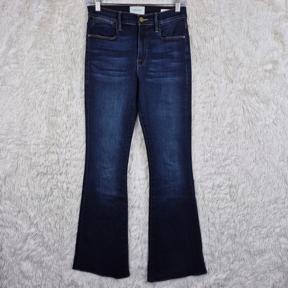 FRAME Le High Flare Augusta Dark Wash Raw Hem Jeans LHF214 Size 27